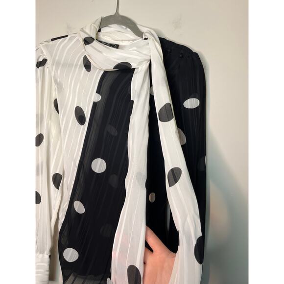 1980s Jean for Joseph Le Bon Black White Chiffon Polka Dot Neck Scarf Shirt L - Picture 7 of 8